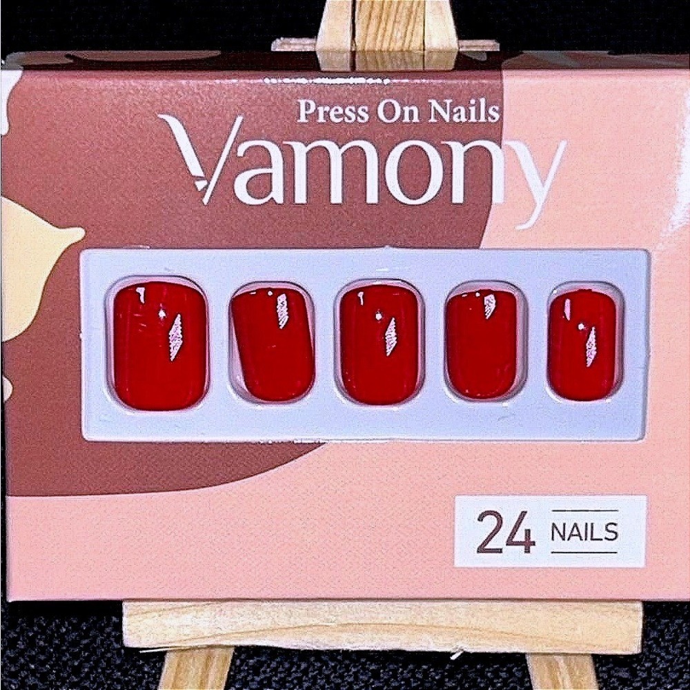 Vamony Cherry Red Press On Nails Short Glossy Nails Bright Red Nails 24pcs